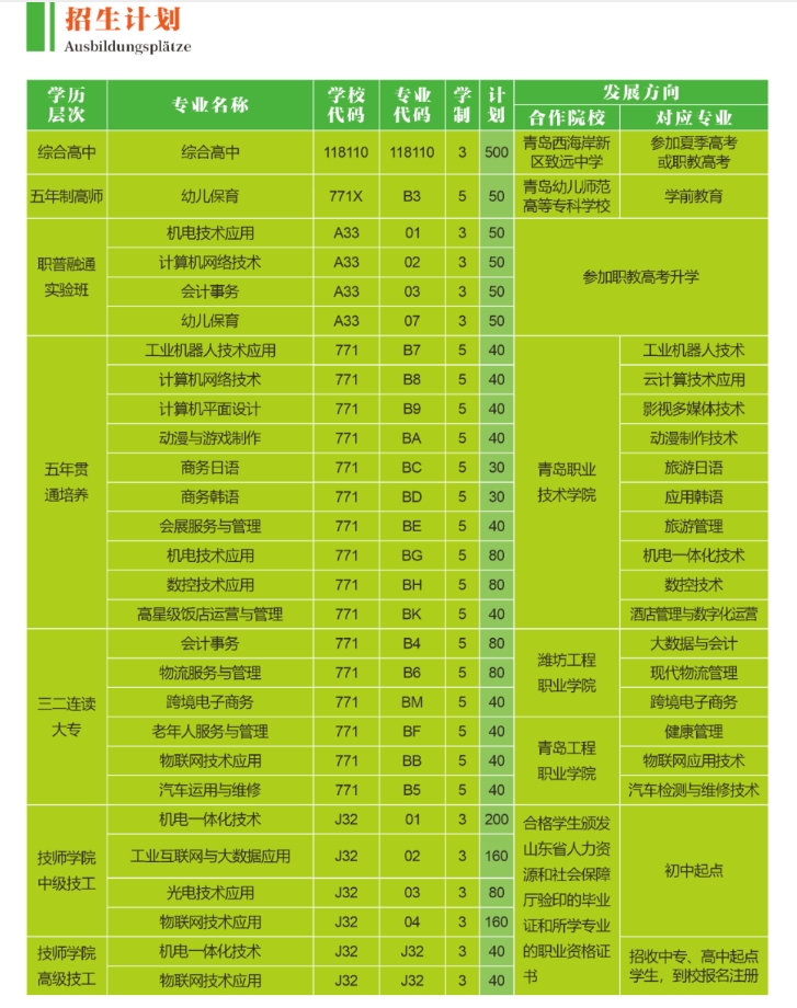 青岛西海岸新区中德应用技术学校2023年招生计划